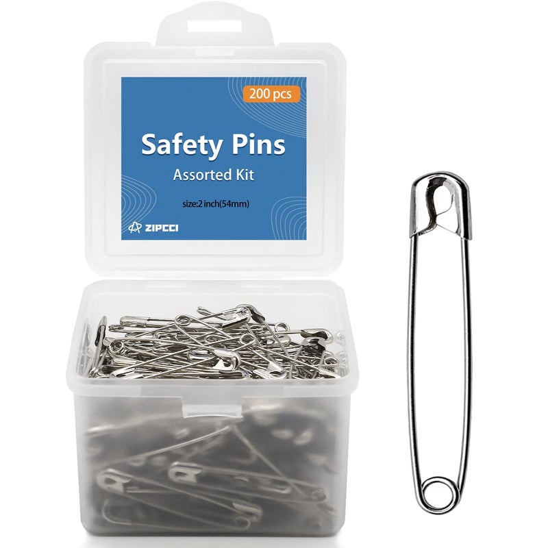 ZIPCCI 2 inch Safety Pins, 200Pcs Large Safety Pins Heavy Duty, Steel Wire - Image 1